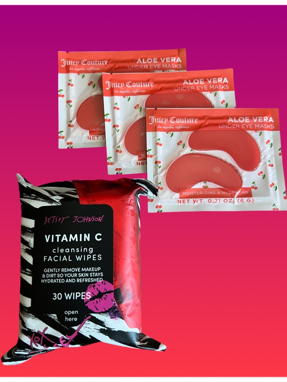 Betsey Johnson Vitamin C Cleansing Facial Wipes and Juicy Couture eye masks